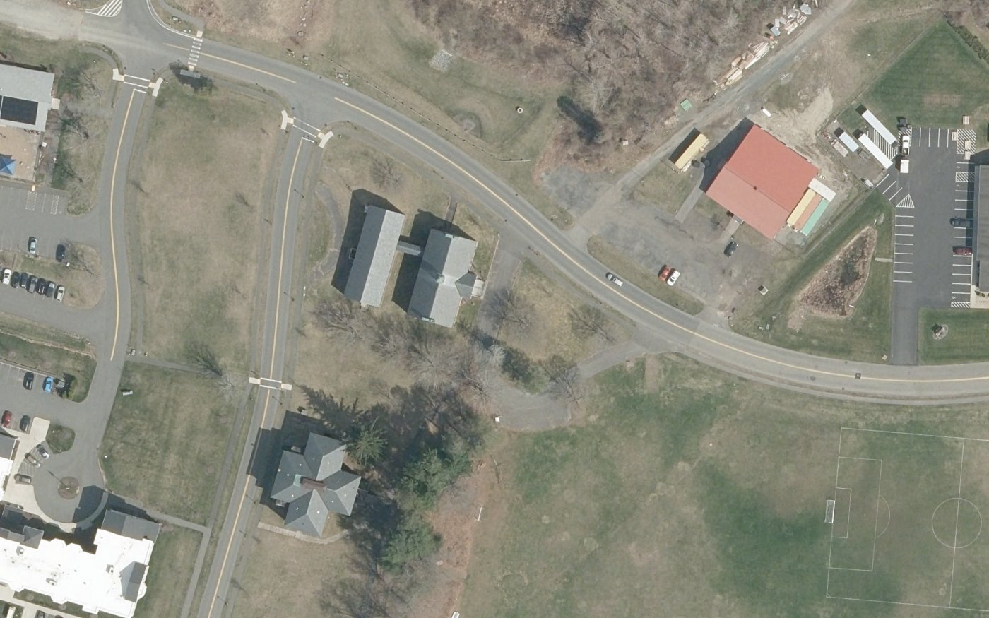 Spring 2025 aerial view of the Administration Building area at Carriage Grove